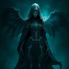 Ker, the enigmatic goddess of death, depicted in a shadowy realm, her form cloaked in a billowing black gown adorned with skeletal motifs, her face hidden beneath a hood, only her piercing eyes visible, glowing with an otherworldly light, the air around her heavy with the scent of decay.