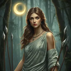 Artemis, the Greek goddess of the hunt, depicted in a serene forest setting, surrounded by silver-tipped arrows and a crescent moon glowing above her, her features sharp and focused, dressed in a chiton adorned with intricate hunting scenes, the air around her filled with a soft, ethereal light.