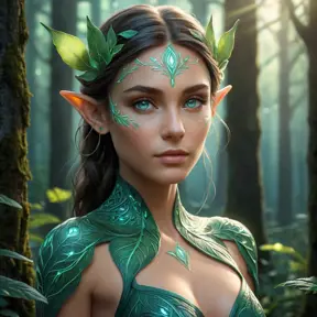 A stunning elf woman with intricate, leaf-patterned tattoos, standing amidst a luminous forest glade, her eyes reflecting the soft glow of bioluminescent fungi.