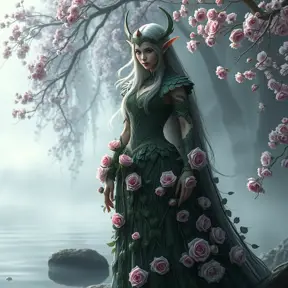 A majestic elf queen, adorned in a gown of woven ivy and blooming roses, standing at the edge of a misty lake, her presence commanding yet serene.