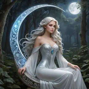 In a mystical forest clearing, Selene, the moon goddess, sits gracefully on a crescent-shaped throne made of moonstone. Her eyes shimmer like the night sky, and her hair cascades like a river of light, reflecting the gentle moonlight that filters through the trees.