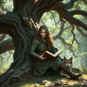 A captivating female ranger sitting under the boughs of an ancient, sprawling oak tree, her back against the trunk, a book open in her lap, the forest around her alive with the sounds of nature, her expression peaceful, a small, loyal wolfhound resting at her side.