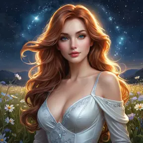 An ethereal Miss Fortune, surrounded by a halo of soft, glowing light, standing amidst a field of wildflowers under a starry night sky, her expressions softened, showcasing a rare moment of tranquility and beauty.