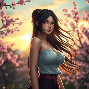 A stunning Tifa Lockhart standing in a serene cherry blossom garden at sunset, her hair flowing gently in the breeze, with a soft, warm glow illuminating her face, capturing her iconic beauty and strength