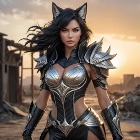 A captivating Ahri, her body wrapped in intricate, black leather armor, detailed with silver accents, standing in a desolate, post-apocalyptic wasteland, the setting sun casting long shadows that highlight her powerful stance.