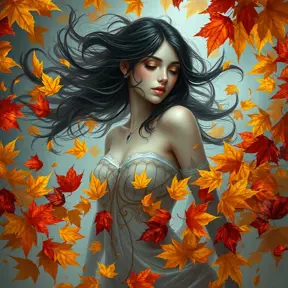 Irelia in a surrealistic scene, surrounded by a whirlwind of autumn leaves, each leaf painted in vivid hues of gold and crimson, her figure almost translucent, blending seamlessly with the natural elements.