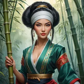 A stunning Akali, rendered in the style of a classic oil painting, with intricate details highlighting her traditional attire and the serene backdrop of a misty bamboo forest.