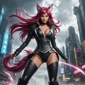 A dynamic Ahri, in a combat-ready black leather outfit, her tails swirling with energy, set against a backdrop of a stormy, cyberpunk city, her pose aggressive yet graceful, embodying her fierce and agile nature.