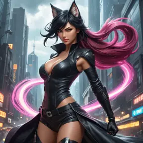 A dynamic Ahri, in a combat-ready black leather outfit, her tails swirling with energy, set against a backdrop of a stormy, cyberpunk city, her pose aggressive yet graceful, embodying her fierce and agile nature.