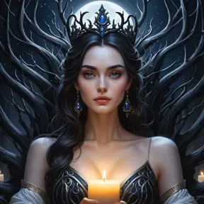 Morgana, depicted as a queen of the night, seated on a throne crafted from twisted black branches, her skin pale as moonlight, eyes glowing with an inner fire, surrounded by a halo of flickering candles,油画风格.