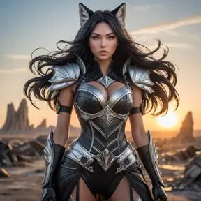 A captivating Ahri, her body wrapped in intricate, black leather armor, detailed with silver accents, standing in a desolate, post-apocalyptic wasteland, the setting sun casting long shadows that highlight her powerful stance.