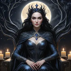 Morgana, depicted as a queen of the night, seated on a throne crafted from twisted black branches, her skin pale as moonlight, eyes glowing with an inner fire, surrounded by a halo of flickering candles,油画风格.