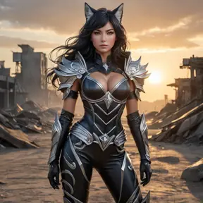 A captivating Ahri, her body wrapped in intricate, black leather armor, detailed with silver accents, standing in a desolate, post-apocalyptic wasteland, the setting sun casting long shadows that highlight her powerful stance.