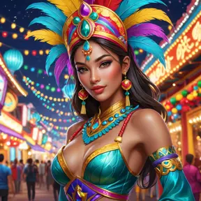 Akali in a vibrant, colorful carnival setting, dressed in a costume that combines elements of her cultural heritage with carnival flair, surrounded by festive lights and decorations.