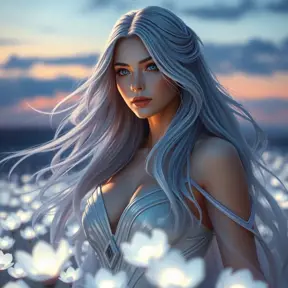 A stunning Irelia, with her hair flowing like liquid silver under a twilight sky, standing amidst a field of luminescent irises that glow with a soft, otherworldly light, emphasizing her ethereal beauty.