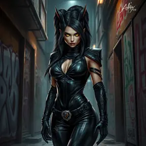 A fierce Akali clad in sleek black leather, standing in a dimly lit urban alley with graffiti-covered walls, her eyes glowing with a mysterious light.