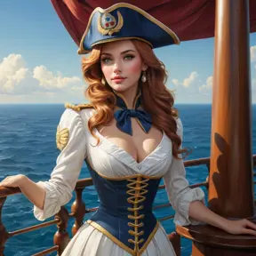 A regal Miss Fortune, dressed in a luxurious, old-world naval captain's attire, standing on the deck of a grand, antique ship, the ocean beneath her calm and serene, highlighting her leadership and maritime prowess.