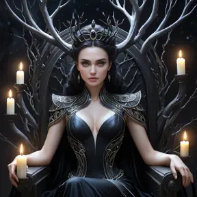 Morgana, depicted as a queen of the night, seated on a throne crafted from twisted black branches, her skin pale as moonlight, eyes glowing with an inner fire, surrounded by a halo of flickering candles,油画风格.