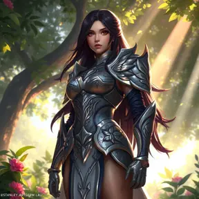 A digital illustration of Irelia, her armor intricately detailed with patterns of leaves and flowers, standing in a sunlit glade, where beams of light pierce through the foliage, highlighting her serene yet powerful stance.