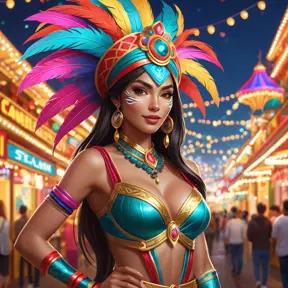 Akali in a vibrant, colorful carnival setting, dressed in a costume that combines elements of her cultural heritage with carnival flair, surrounded by festive lights and decorations.