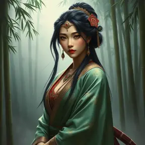 A stunning Akali, rendered in the style of a classic oil painting, with intricate details highlighting her traditional attire and the serene backdrop of a misty bamboo forest.