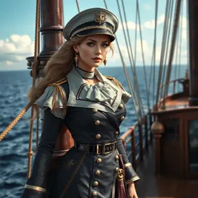 A regal Miss Fortune, dressed in a luxurious, old-world naval captain's attire, standing on the deck of a grand, antique ship, the ocean beneath her calm and serene, highlighting her leadership and maritime prowess.