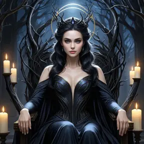 Morgana, depicted as a queen of the night, seated on a throne crafted from twisted black branches, her skin pale as moonlight, eyes glowing with an inner fire, surrounded by a halo of flickering candles,油画风格.