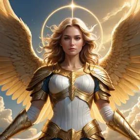 A stunning portrait of Kayle, the archangel of justice, rendered in a hyper-realistic style with intricate details, glowing wings, and a radiant halo, set against a backdrop of a celestial battlefield bathed in golden light.