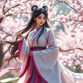 A mesmerizing Ahri, her attire a blend of traditional Korean hanbok and modern elegance, standing in a serene garden of cherry blossoms, the wind gently stirring her garments, enhancing her graceful and alluring presence.