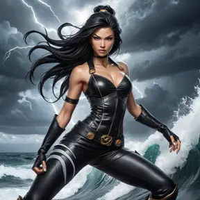 Akali in a high-contrast black leather outfit, posed dramatically against a backdrop of a stormy sea, with lightning illuminating her form.