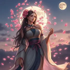 An ethereal Akali, surrounded by a halo of cherry blossom petals, her outfit a blend of traditional and modern styles, set against a twilight sky with a full moon.