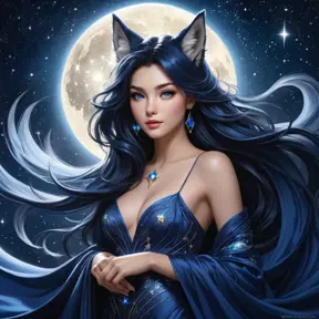 An enchanting Ahri, her form draped in a flowing, ethereal gown of midnight blue, adorned with stars and moons, standing beneath a celestial canopy, her eyes reflecting the cosmos, embodying cosmic allure.