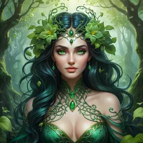 A majestic Morgana, her body composed of interwoven vines and blooming night-blooming flowers, floats above a misty forest floor, her eyes a luminous green, captured in a vibrant, fantasy illustration style.