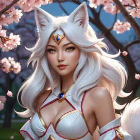 A stunning Ahri, the Nine-Tailed Fox, rendered in a hyper-realistic style with intricate fur details and vibrant, glowing eyes, standing amidst a serene cherry blossom grove under a twilight sky.