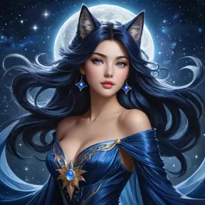 An enchanting Ahri, her form draped in a flowing, ethereal gown of midnight blue, adorned with stars and moons, standing beneath a celestial canopy, her eyes reflecting the cosmos, embodying cosmic allure.