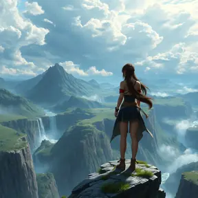 Tifa Lockhart standing at the edge of a cliff, overlooking a vast, mystical landscape of mountains and waterfalls, her pose exuding confidence and serenity, with a dramatic sky filled with swirling clouds