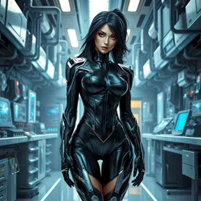 Akali in a cybernetic black leather suit, her body enhanced with metallic accents, standing in a futuristic laboratory filled with high-tech equipment.