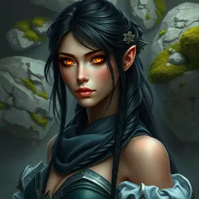 An ultra-realistic digital portrait of Irelia, her eyes shimmering with an inner fire, set against a backdrop of ancient, moss-covered stones, symbolizing her connection to the earth and resilience.