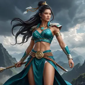 Akali as a mythical warrior, standing atop a mountain peak with a stormy sky overhead, her clothing and weapons detailed with ancient runes and symbols, the wind blowing her hair dramatically.