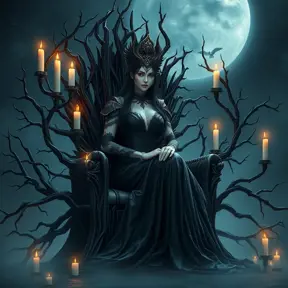 Morgana, depicted as a queen of the night, seated on a throne crafted from twisted black branches, her skin pale as moonlight, eyes glowing with an inner fire, surrounded by a halo of flickering candles,油画风格.