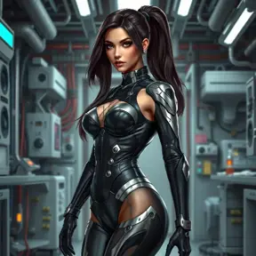 Akali in a cybernetic black leather suit, her body enhanced with metallic accents, standing in a futuristic laboratory filled with high-tech equipment.