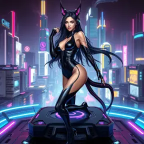 Ahri, dressed in a seductive black leather bodysuit, her tails flowing elegantly behind her, posed atop a high-tech, neon-lit platform in a futuristic cityscape, capturing her dominance and elegance.