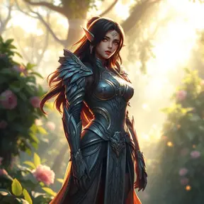 A digital illustration of Irelia, her armor intricately detailed with patterns of leaves and flowers, standing in a sunlit glade, where beams of light pierce through the foliage, highlighting her serene yet powerful stance.