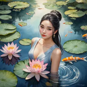 Irelia, depicted in a breathtakingly detailed watercolor painting, her form gracefully poised atop a serene lotus pond, with delicate water lilies and koi fish adding a touch of tranquility to her majestic presence.