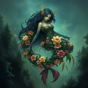 A majestic Morgana, her body composed of interwoven vines and blooming night-blooming flowers, floats above a misty forest floor, her eyes a luminous green, captured in a vibrant, fantasy illustration style.