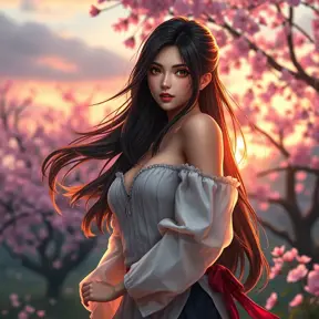 A stunning Tifa Lockhart standing in a serene cherry blossom garden at sunset, her hair flowing gently in the breeze, with a soft, warm glow illuminating her face, capturing her iconic beauty and strength