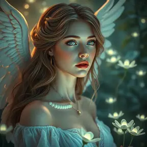 Seraphine, the angelic muse, depicted in a tranquil garden where bioluminescent plants illuminate her ethereal beauty, her eyes reflecting the cosmos, Stable Diffusion SDXL