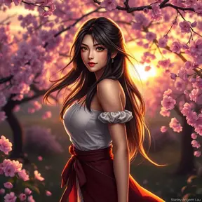 A stunning Tifa Lockhart standing in a serene cherry blossom garden at sunset, her hair flowing gently in the breeze, with a soft, warm glow illuminating her face, capturing her iconic beauty and strength