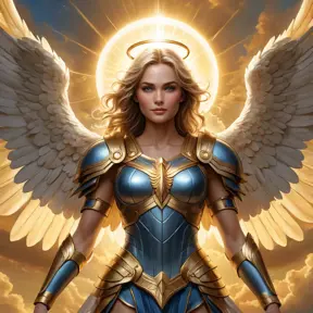 A stunning portrait of Kayle, the archangel of justice, rendered in a hyper-realistic style with intricate details, glowing wings, and a radiant halo, set against a backdrop of a celestial battlefield bathed in golden light.