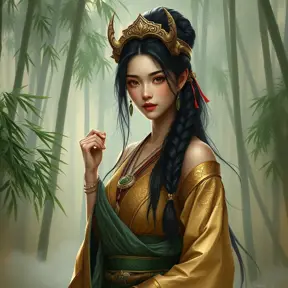 A stunning Akali, rendered in the style of a classic oil painting, with intricate details highlighting her traditional attire and the serene backdrop of a misty bamboo forest.